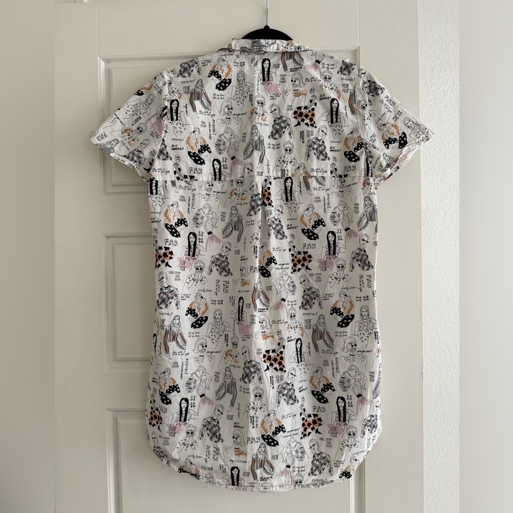 Zara White Collared Button Down Short Sleeve Mini Short Dress Graphic Print XS - Picture 3 of 4